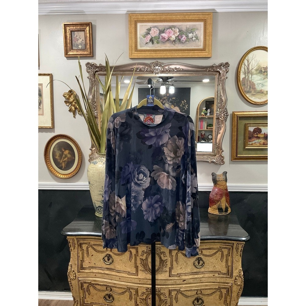 104- Johnny Was "Grey Peony" Long-Sleeve Mock Neck Top - Picture 3 of 3